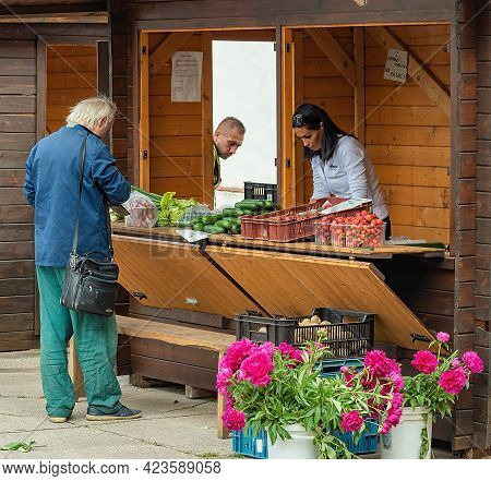 Hodonin, Czech Republic, June 12, 2021 Local Fruit And Vegetable Market On The Square. Market With H