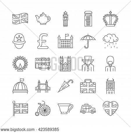Set Of London, England And Uk Icons Thin Line Icons. Linear Symbols Collection. Set Of Outline Flat 