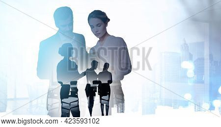 Businessman And Businesswoman In Office Clothes Analysing Business Files, Double Exposure With Offic