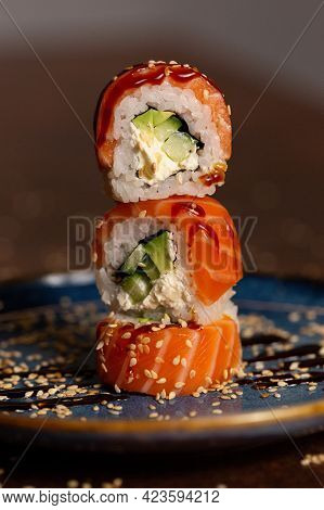 Sushi Tower On A Plate Close Up. Healhty, Asiain, Popular Food Concept