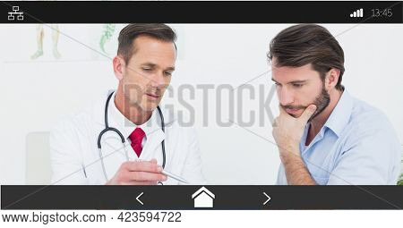 Composition of male doctor talking to patient on digital image interface screen. medical and healthcare services communication digital interface concept digitally generated image.