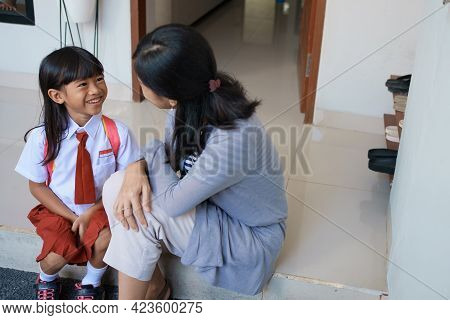 Back To School. Asian Pupil With Primary Student Uniform Getting Ready To School
