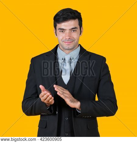 Young Businessman In Gray Shirt And Black Suit Clapping Hand And Starts A Successful Business Projec