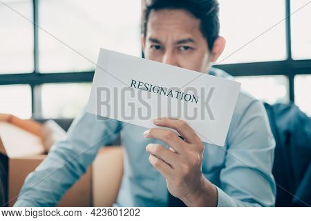 Businessman Sending And Showing Resignation Letter To Employer Boss. Quitting A Job, Businessman Fir