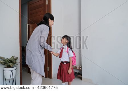 Back To School. Asian Pupil With Primary Student Uniform Getting Ready To School