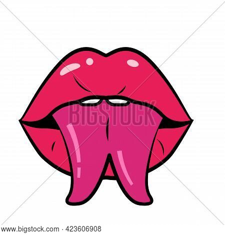 Red Open Attractive Mouth With Split Tongue.