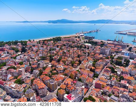 Aerial View Of City Of Burgas, View Of Burgas Bay And The Seaport Of Burgas, Bulgaria.