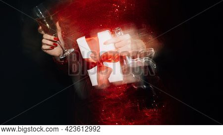 Party Overdrink. Holiday Fun. Birthday Celebration. Festive Joy. Unrecognizable Woman Red Dress Hold