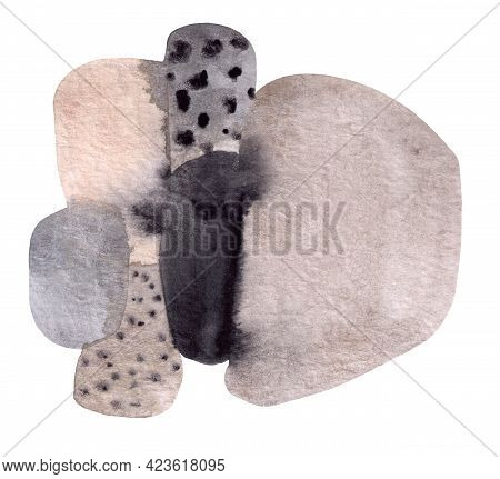 Hand Drawn Watercolor Composition Of Gray And Brown Stains Isolated On White Background
