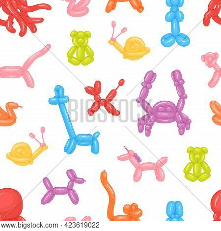 Seamless Childish Pattern With Funny Air Balloon Animal-shaped Toys On White Background For Printing