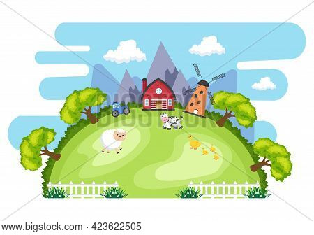 Cute Cartoon Farm Animals Vector Illustration With Cow, Horse, Chicken, Duck, Or Sheep. For Postcard