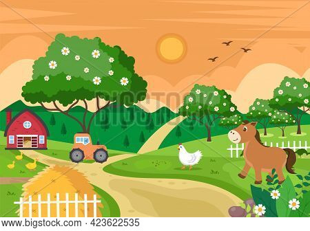 Cute Cartoon Farm Animals Vector Illustration With Cow, Horse, Chicken, Duck, Or Sheep. For Postcard