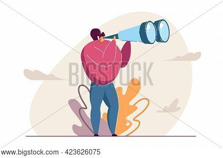 Girl Looking Through Binocular Far Ahead Vector Illustration. Woman Standing And Seeing Sights From 
