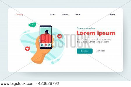 Hand Of Person Using Mobile Phone For Video Call, Talking To Girl Friend. User Holding Cellphone Wit