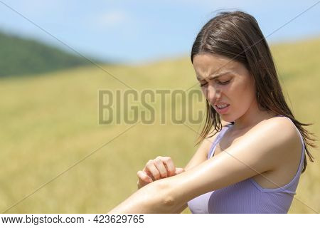Allergic Woman Scratching Itchy Arm In A Wheat Field On Summer