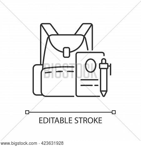 Backpack Linear Icon. Preparing For School Classes. Schoolbag With Notebook For Student. Thin Line C