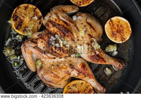 Baked Whole Chicken Meat, On Old Rustic Background, Top View
