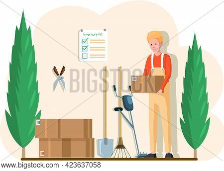 Gardener Character In Flat Design Standing In Garage With Tools. Young Adult Man In Yellow Overalls 