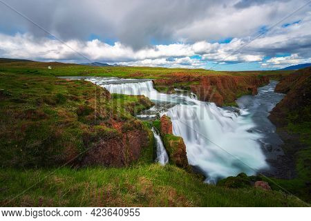 Reykjafoss Waterfall Located Near Varmahlid In Iceland