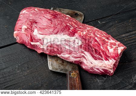 Fresh And Raw Beef Meat. Whole Piece Of Tenderloin With Steaks Set , With Old Butcher Cleaver Knife,