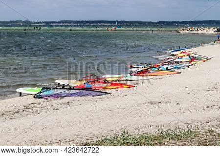 Lots Of Kite Surfing Activity At The Baltic Sea Beach Of Laboe In Germany On A Sunny Day