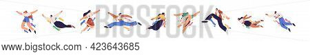 Happy Free People Flying, Floating And Jumping In Air. Concept Of Freedom, Development And Aspiratio