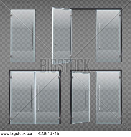 Glass Door Entrance Realistic Set Of Isolated Doors With Long Handle And Frame On Transparent Backgr