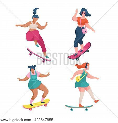 Girls Skateboarders. Young Women Riding Skateboards. Cartoon Female Characters Skateboarding Outdoor