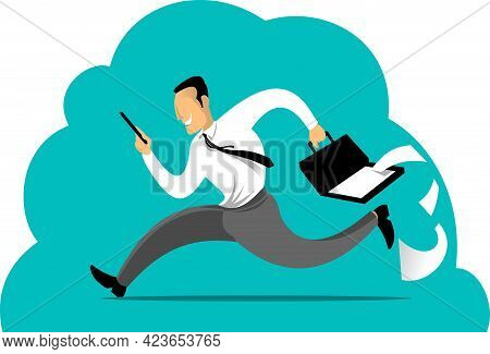 Businessman Runs To Work And Talks On A Cell Phone