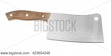 Large Sharp Cleaver Knife With Wooden Handle Isolated On White