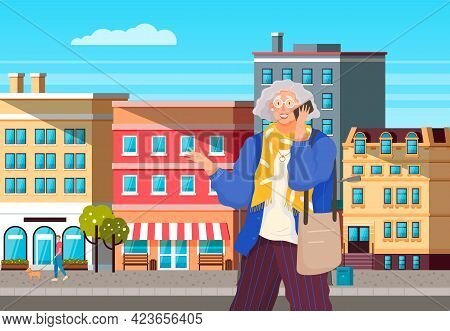 Eldery Woman With Smartphone Is Communicating. Female Character Using Mobile Device In City Center. 