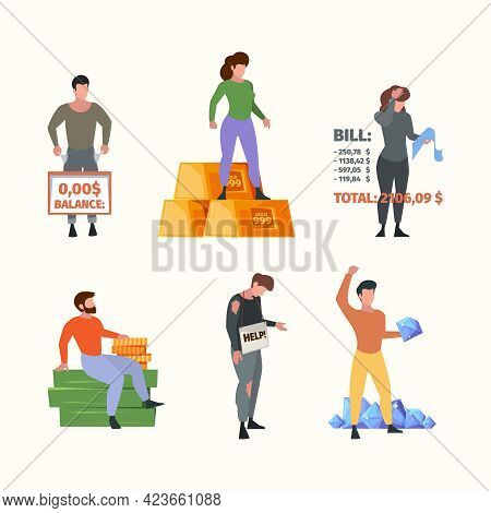 Rich And Poor People. Successful Characters With Money Cash Waste Unapply Persons Millionaire Garish