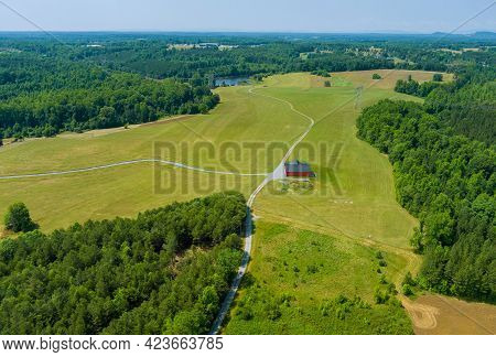 Aerial Top View Of Lush Green Trees Forest On From Above Mountains In Campobello Town, South Carolin
