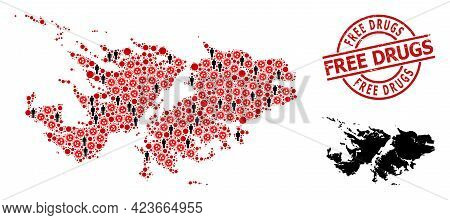Collage Map Of Falkland Islands Designed From Covid Virus Items And People Items. Free Drugs Distres