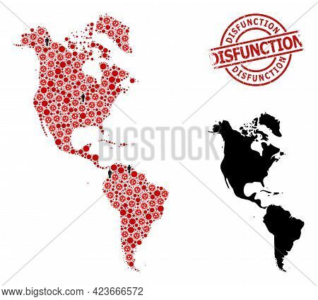 Collage Map Of South And North America Composed Of Virus Icons And Demographics Elements. Disfunctio