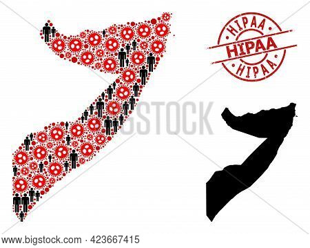 Mosaic Map Of Somalia Organized From Coronavirus Icons And Men Items. Hipaa Textured Seal Stamp. Bla