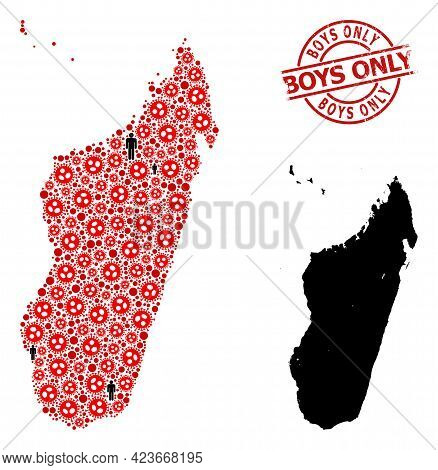 Mosaic Map Of Madagascar Island Organized From Sars Virus Icons And People Elements. Boys Only Textu