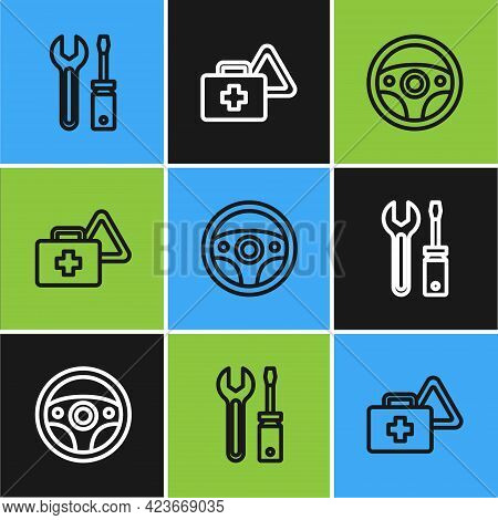 Set Line Screwdriver And Wrench Spanner, Steering Wheel And First Aid Kit Warning Triangle Icon. Vec
