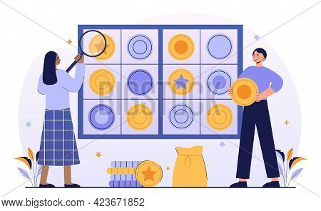 Male And Female Characters Collecting Ancient Coins Together. Concept Of Numismatist Hobby Or Profes