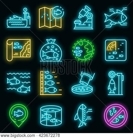 Ichthyology Icons Set. Outline Set Of Ichthyology Vector Icons Neon Color On Black