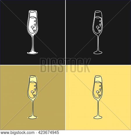 One Line Drawing Champagne Glass On Various Background. Four Types Of Images. Colored Cartoon Graphi