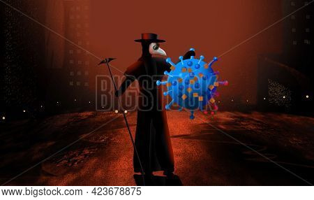 Covid-19 Under Control As A Medieval Plague Doctor Holds A Coronavirus Particle To End The Modern Pl