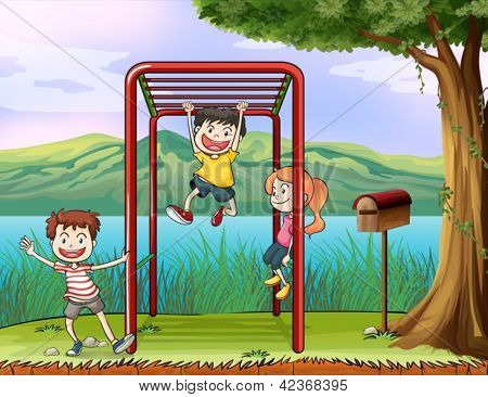 Illustrazione dei bambini giocando monkey bar e una cassetta delle lettere
