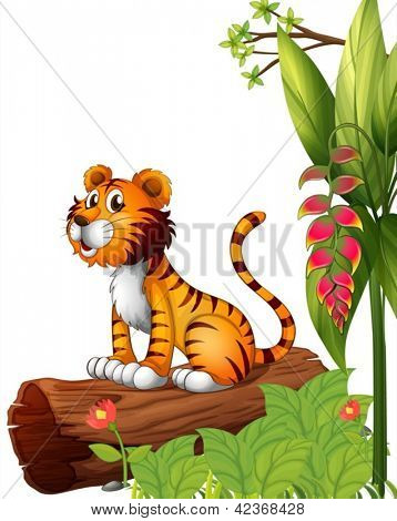 Illustration av en tiger över en stam på en vit bakgrund
