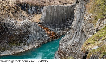 Studlagil Basalt Canyon, Iceland. This Is A Rare Volcanic Basalt Column Formation