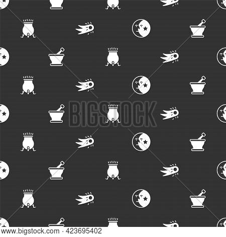 Set Moon And Stars, Mortar Pestle, Witch Cauldron And Fireball On Seamless Pattern. Vector