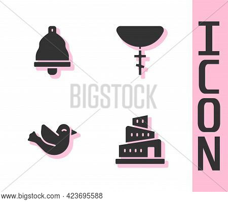 Set Babel Tower Bible Story, Church Bell, Dove And Christian Cross On Chain Icon. Vector