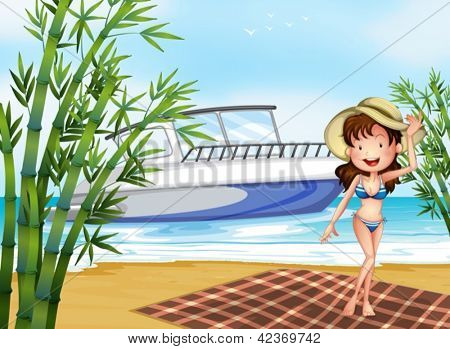 Illustration of a girl at the beach with a blanket