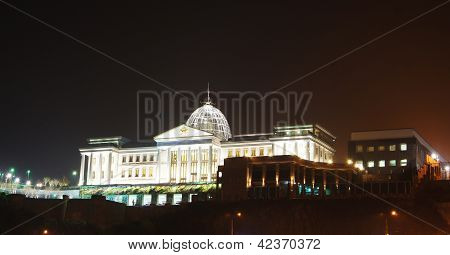 Night View Of Tbilisi Old Town With Ancient Churches, Castle And President Palace
