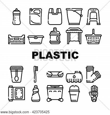 Plastic Accessories Collection Icons Set Vector. Bumper Car Part And Polypropylene Pipes, Plastic Fo
